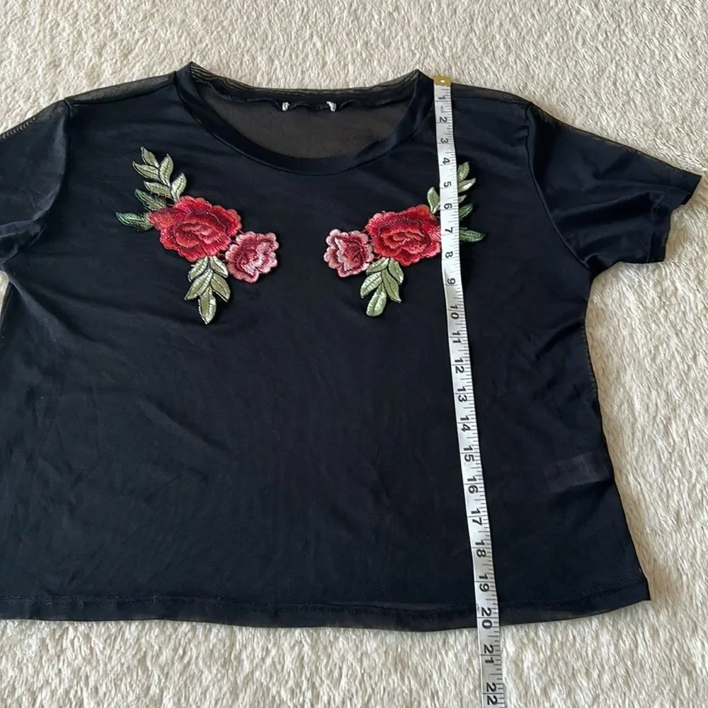Black mesh rose embroidered shirt size small - Picture 8 of 16